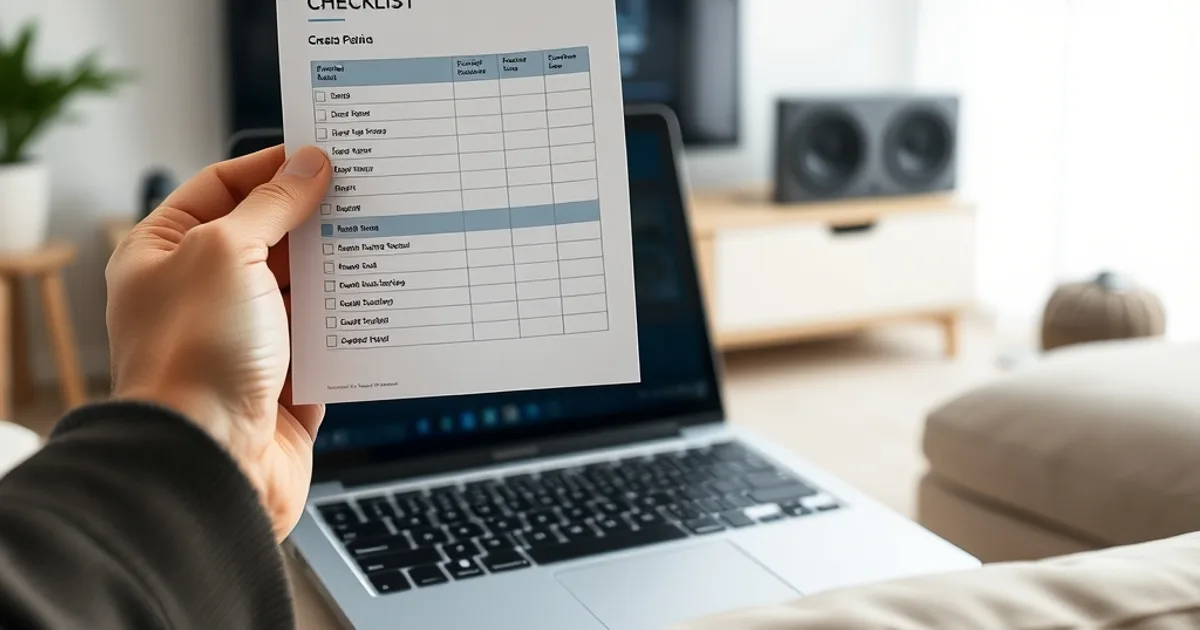 Hand hält eine Checkliste neben einem Laptop mit Vergleichstabelle, Fernseher leuchtet im Hintergrund